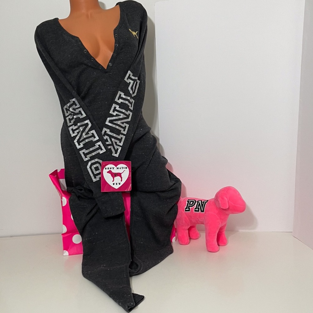 Victoria’s Secret PINK XS S M L Sequin Bling Logo Onesie Pajamas Open Glitter - Picture 2 of 2